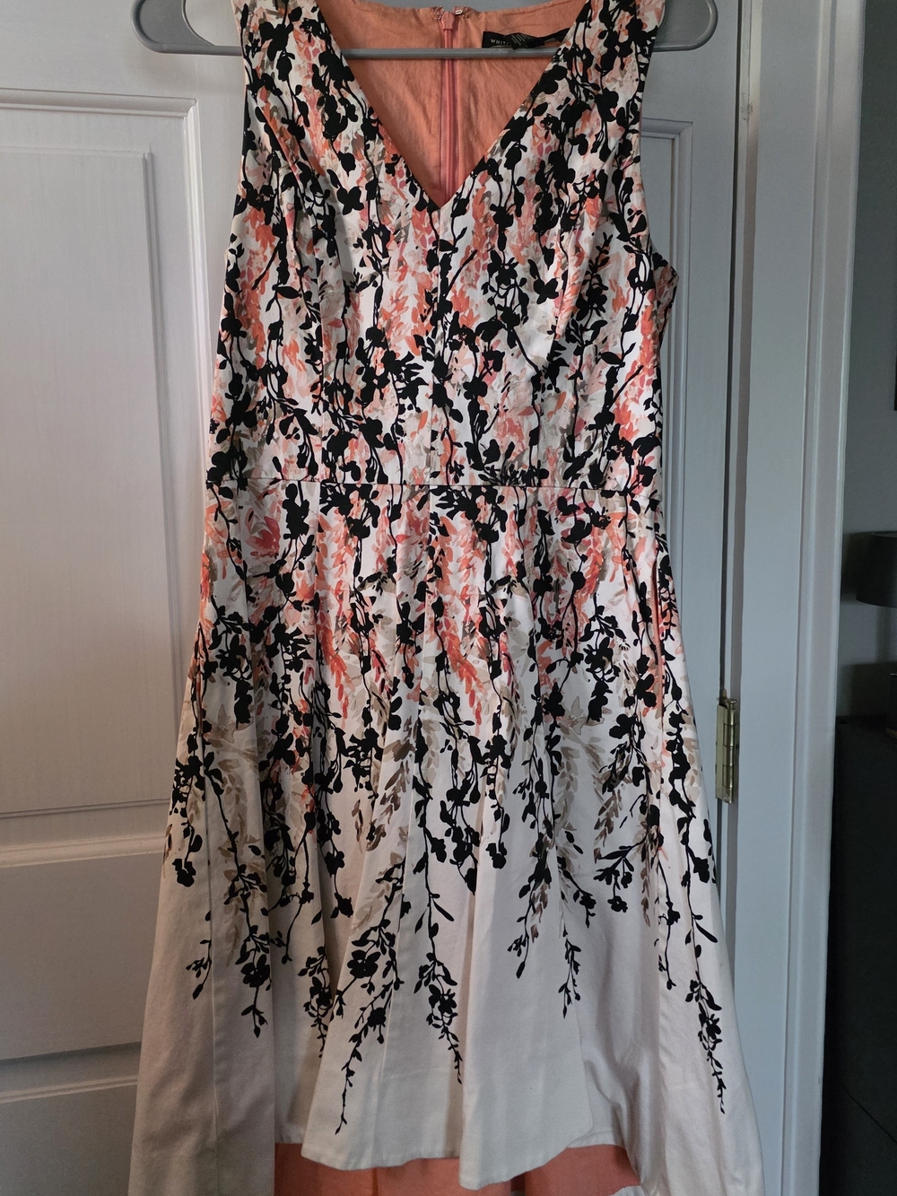 White House Black Market Coral and Black Floral Fit And Flare Midi Dress